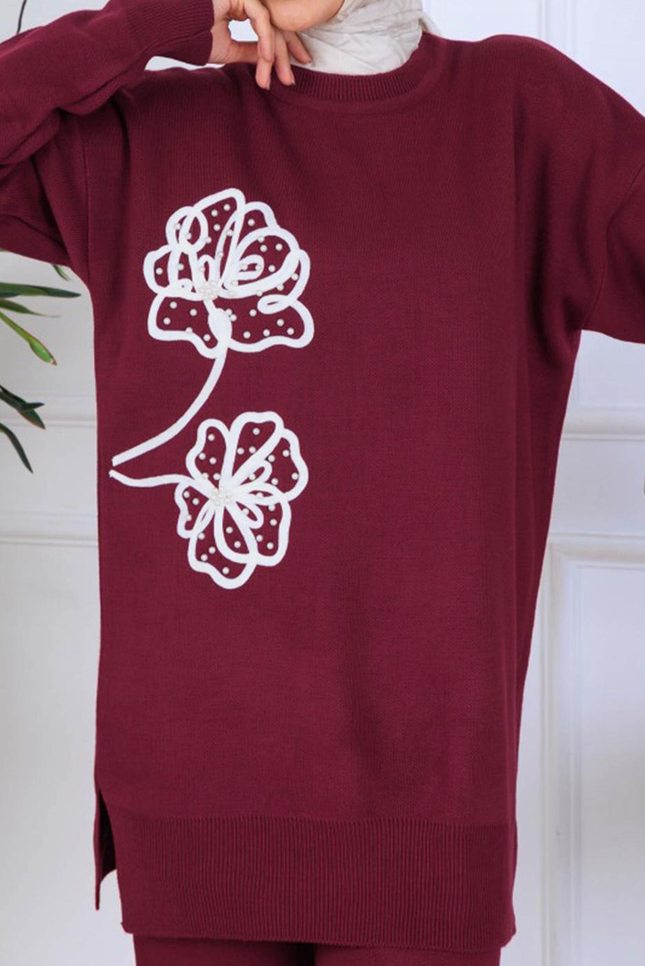 Tesettür giyim BORDO T 0211 BN PANTOLONLU TRİKO TAKIM