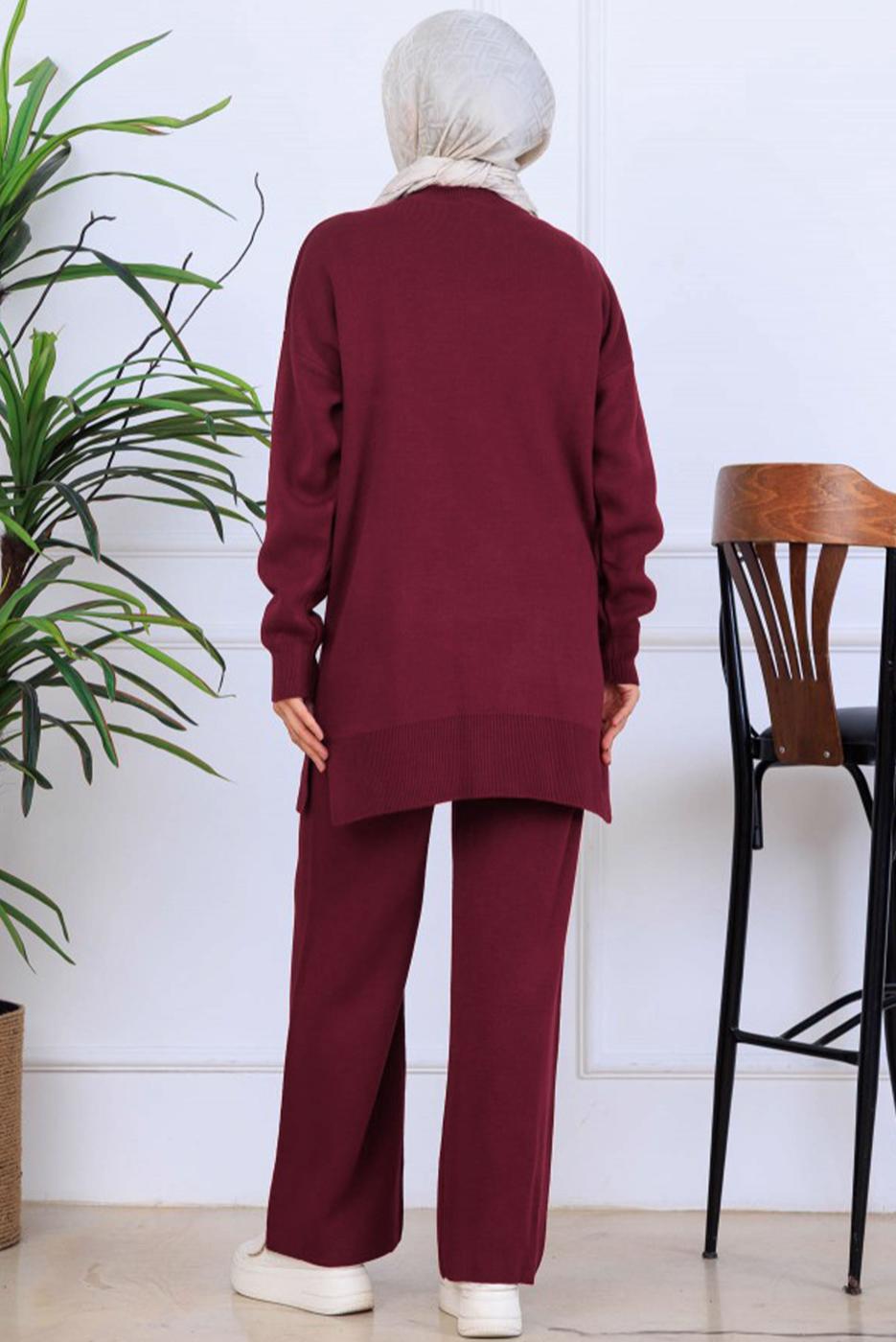 Tesettür giyim BORDO T 0211 BN PANTOLONLU TRİKO TAKIM