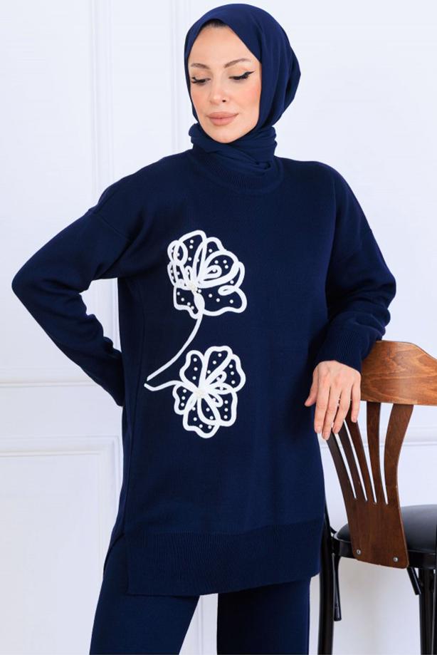 Tesettür giyim LACİVERT T 0211 BN PANTOLONLU TRİKO TAKIM - TRENDTESETTÜR