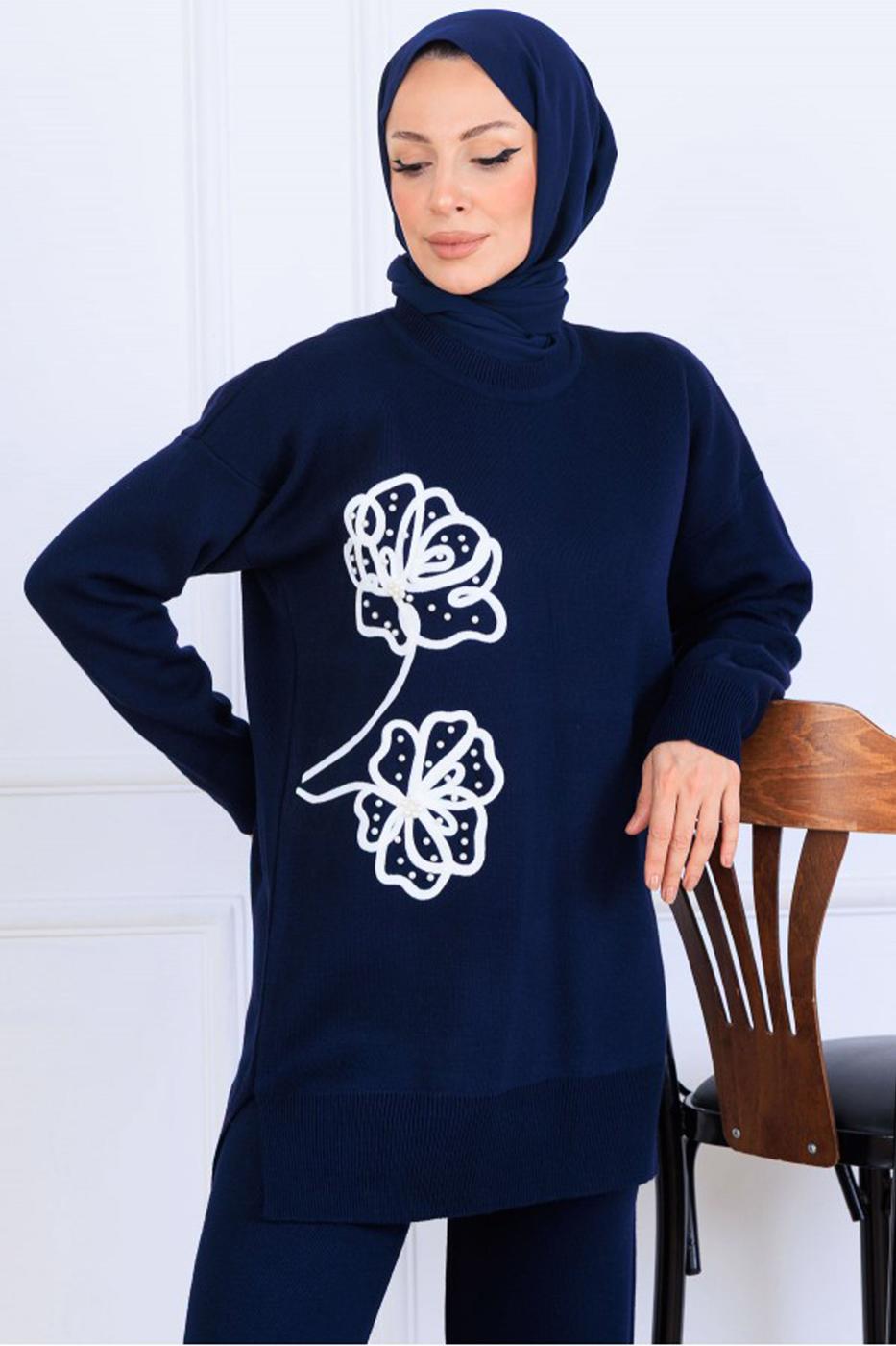 Tesettür giyim LACİVERT T 0211 BN PANTOLONLU TRİKO TAKIM