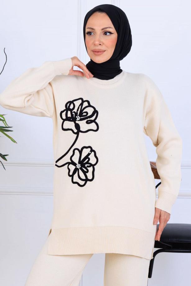 Tesettür giyim BEJ T 0211 BN PANTOLONLU TRİKO TAKIM - TRENDTESETTÜR