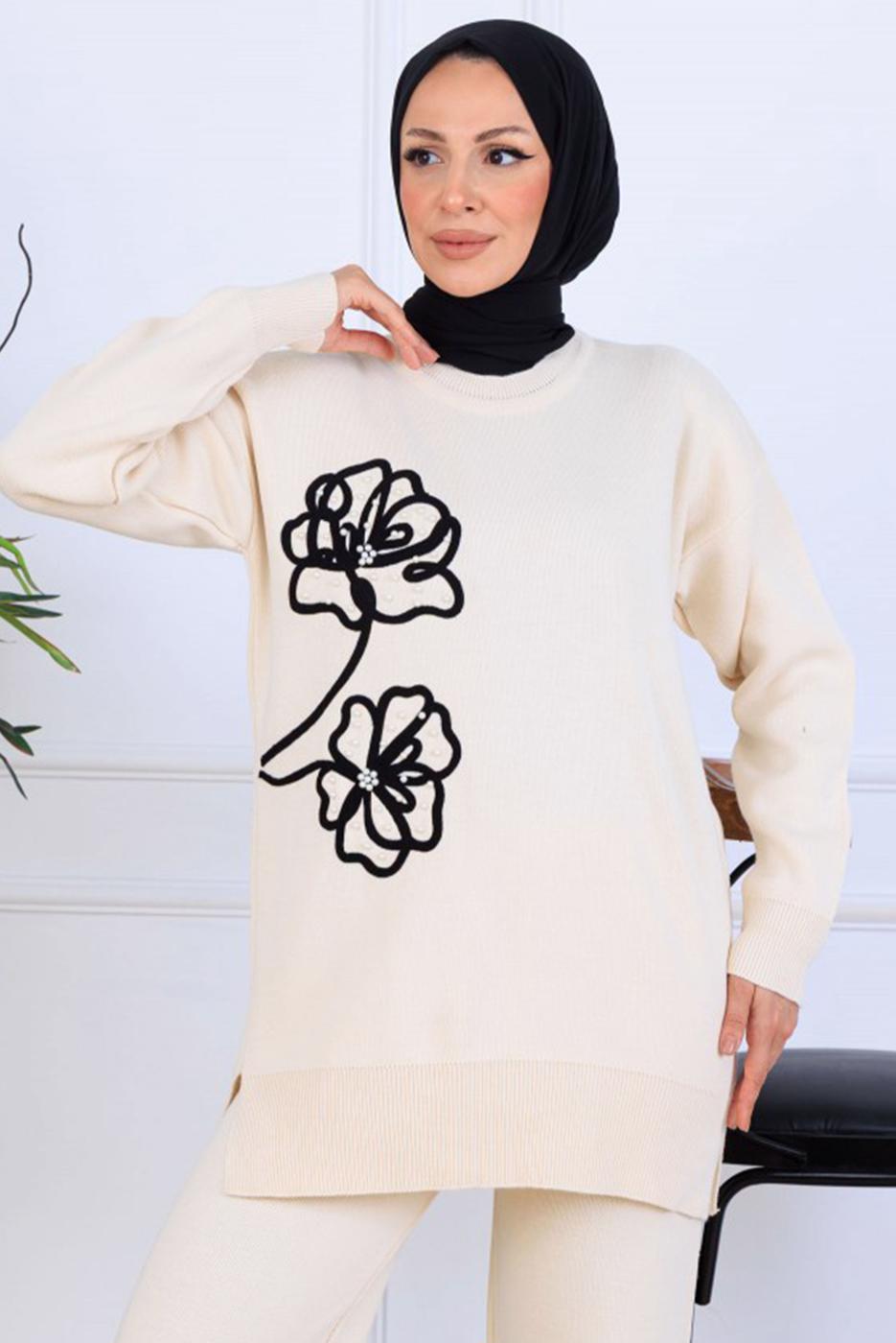 Tesettür giyim BEJ T 0211 BN PANTOLONLU TRİKO TAKIM