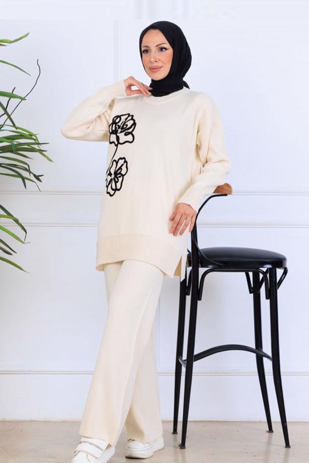 Tesettür giyim BEJ T 0211 BN PANTOLONLU TRİKO TAKIM - TRENDTESETTÜR