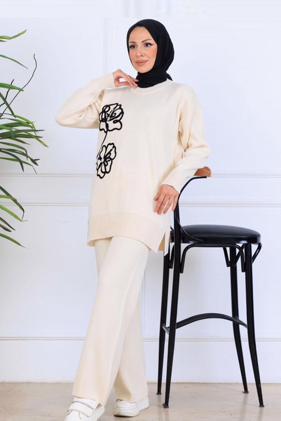 Tesettür giyim BEJ T 0211 BN PANTOLONLU TRİKO TAKIM