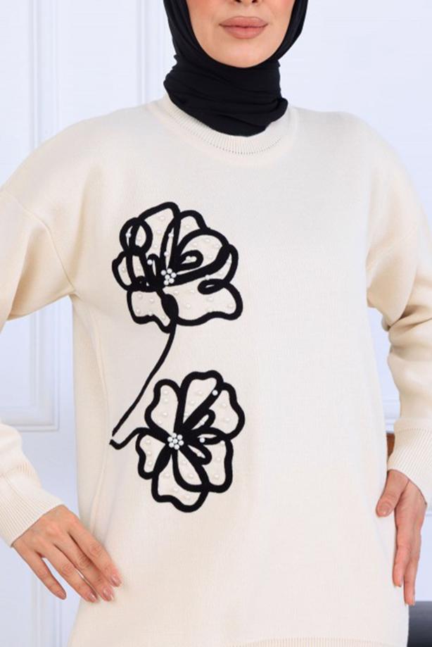 Tesettür giyim BEJ T 0211 BN PANTOLONLU TRİKO TAKIM - TRENDTESETTÜR