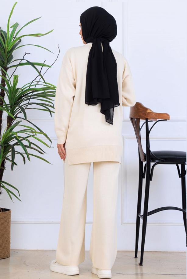 Tesettür giyim BEJ T 0211 BN PANTOLONLU TRİKO TAKIM - TRENDTESETTÜR