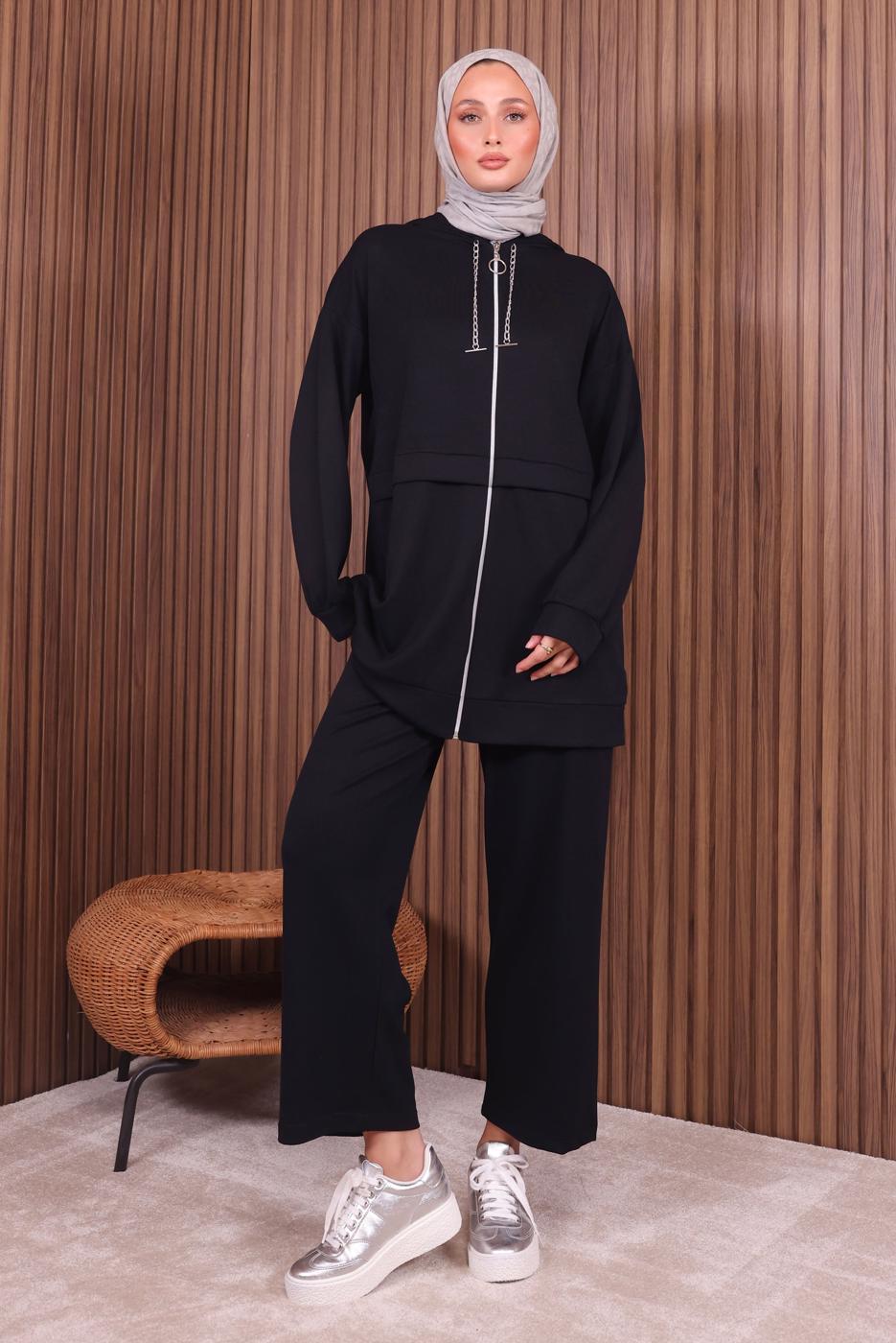 Tesettür giyim SİYAH KAPÜŞONLU PANTOLONLU TAKIM T 0235