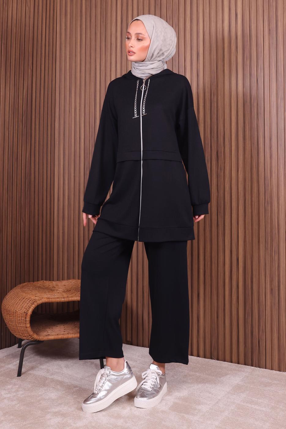 Tesettür giyim SİYAH KAPÜŞONLU PANTOLONLU TAKIM T 0235