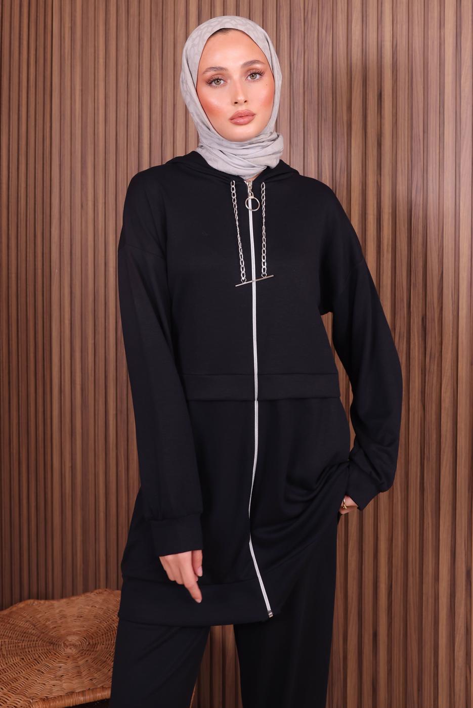 Tesettür giyim SİYAH KAPÜŞONLU PANTOLONLU TAKIM T 0235