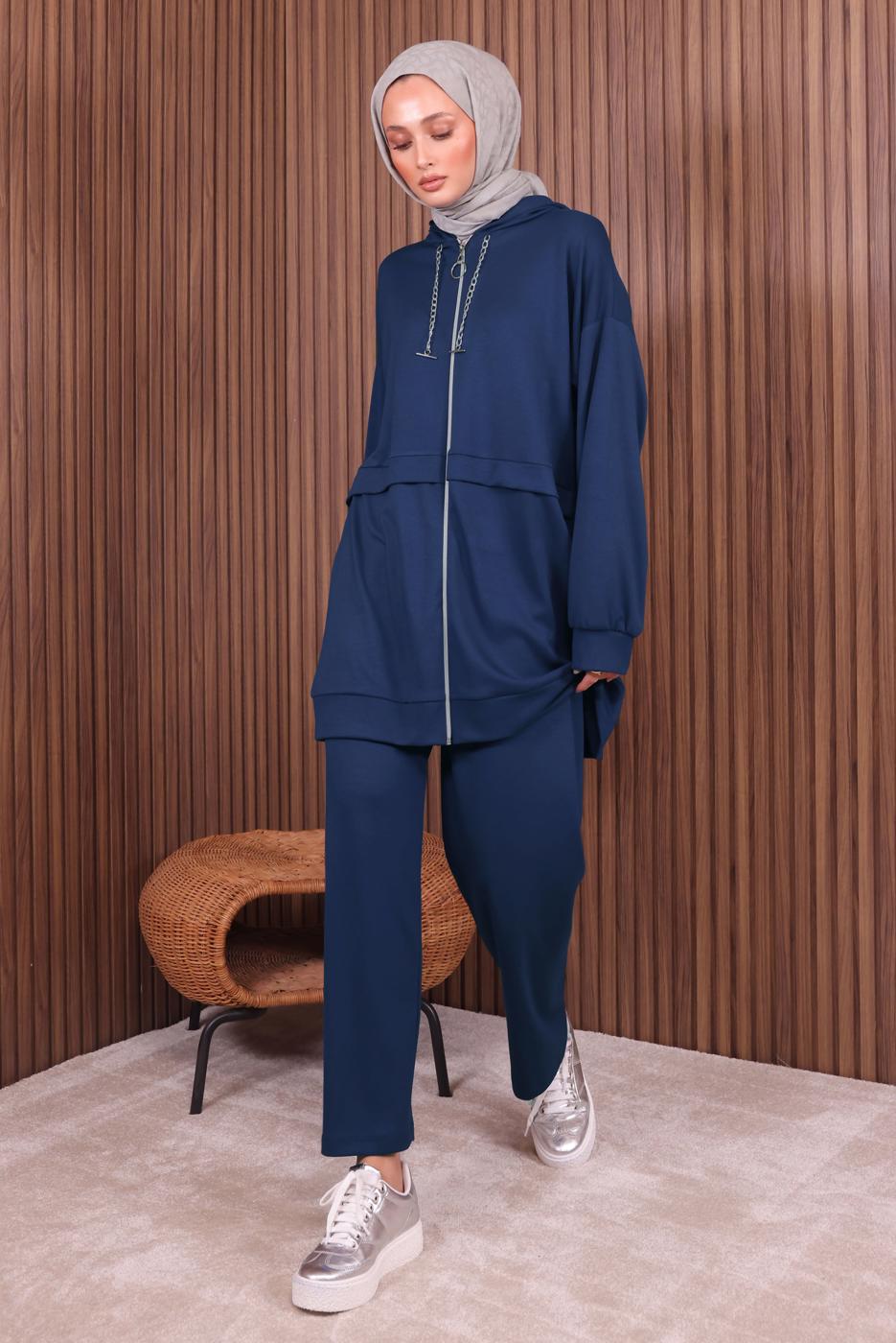 Tesettür giyim LACİVERT KAPÜŞONLU PANTOLONLU TAKIM T 0235