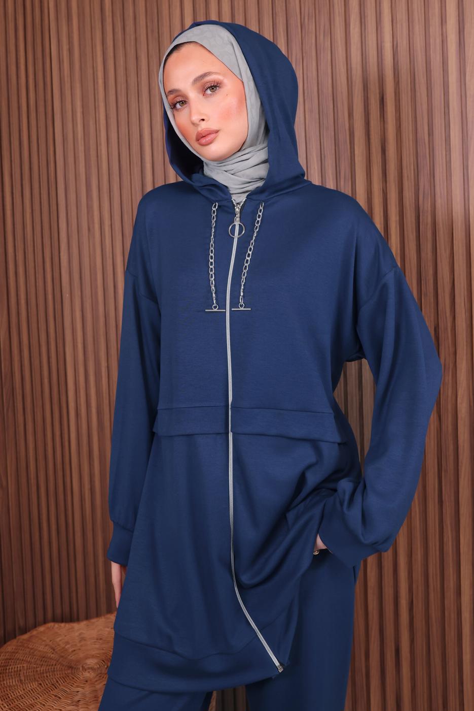 Tesettür giyim LACİVERT KAPÜŞONLU PANTOLONLU TAKIM T 0235