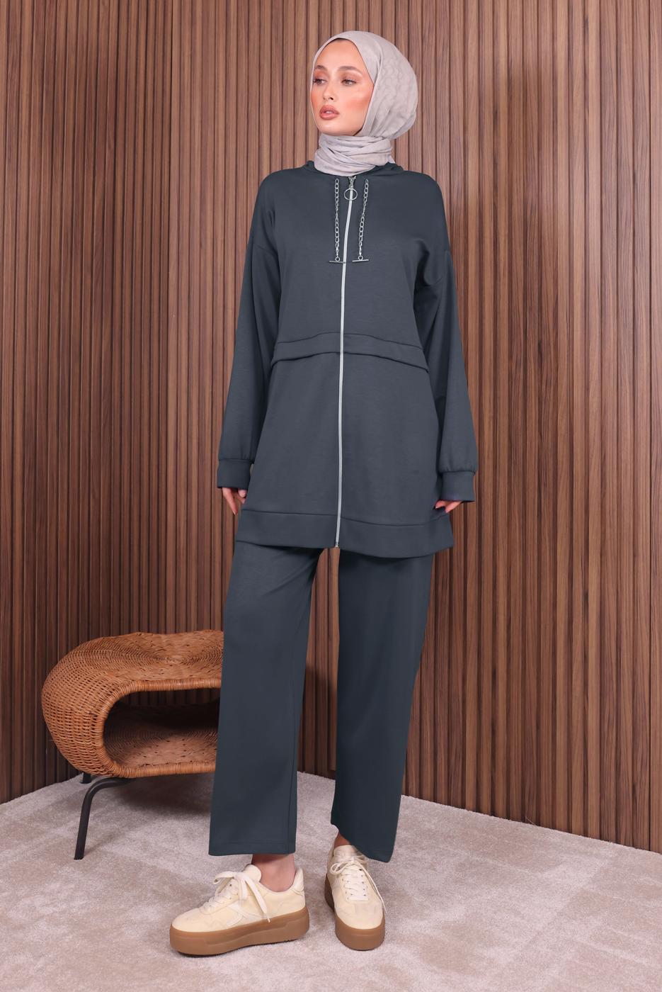 Tesettür giyim GRİ KAPÜŞONLU PANTOLONLU TAKIM T 0235