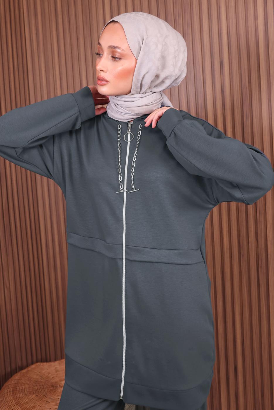 Tesettür giyim GRİ KAPÜŞONLU PANTOLONLU TAKIM T 0235