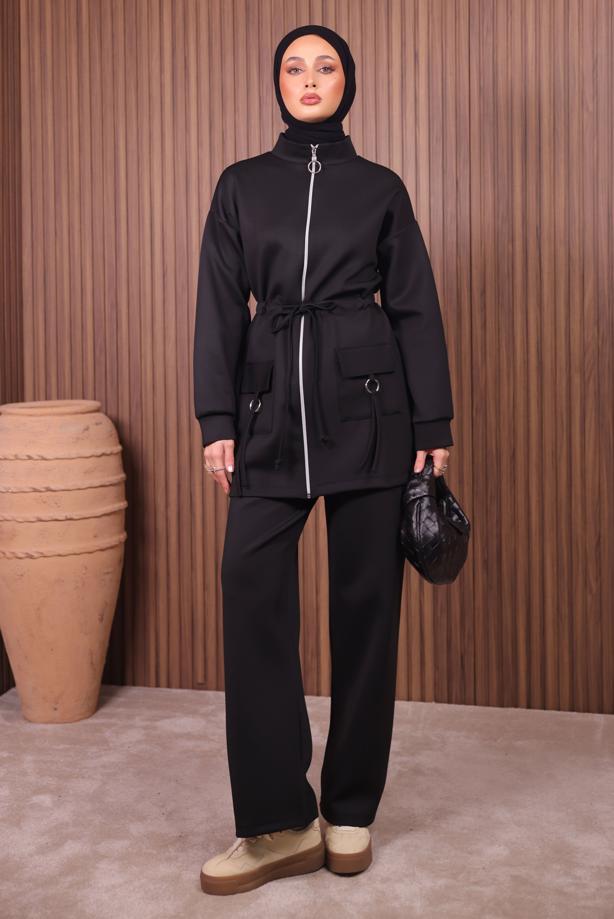 Tesettür giyim SİYAH BELİ BÜZGÜLÜ PANTOLONLU TAKIM T 0335 - TRENDTESETTÜR
