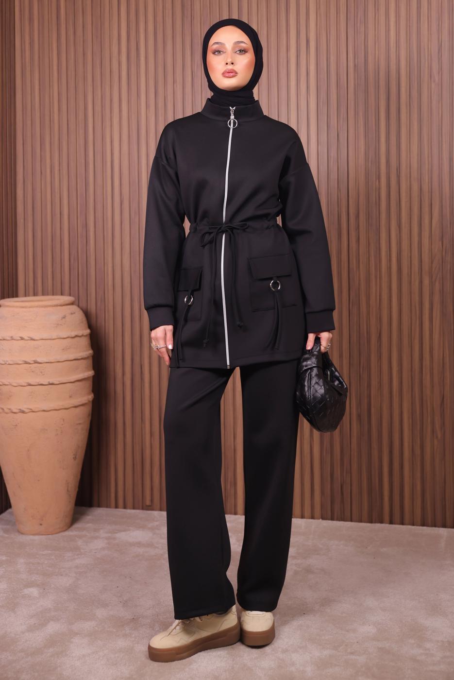 Tesettür giyim SİYAH BELİ BÜZGÜLÜ PANTOLONLU TAKIM T 0335