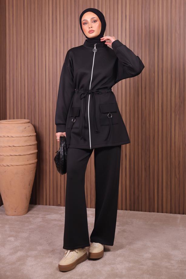 Tesettür giyim SİYAH BELİ BÜZGÜLÜ PANTOLONLU TAKIM T 0335 - TRENDTESETTÜR