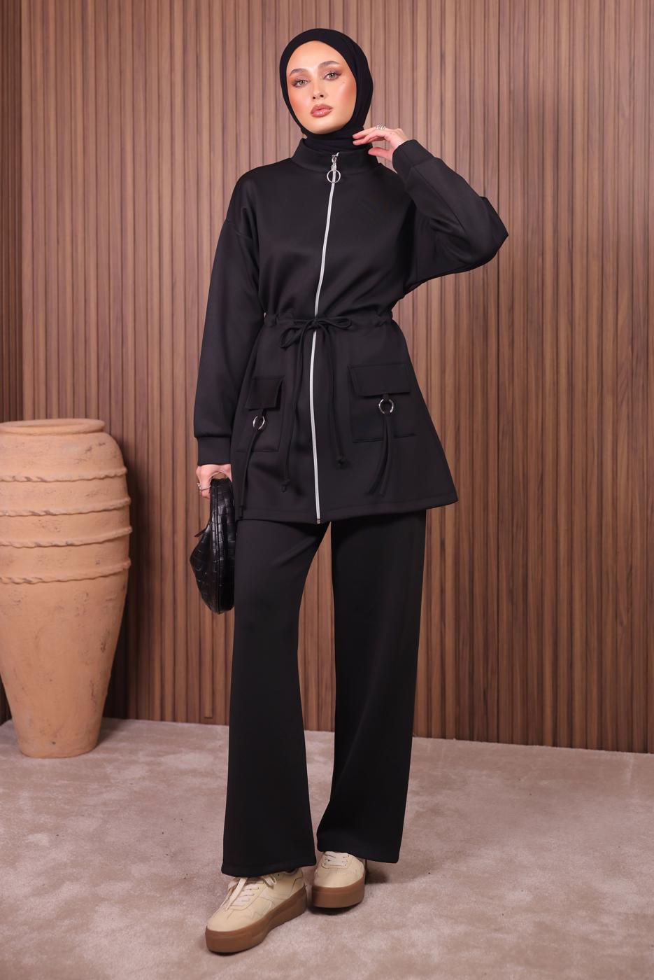 Tesettür giyim SİYAH BELİ BÜZGÜLÜ PANTOLONLU TAKIM T 0335