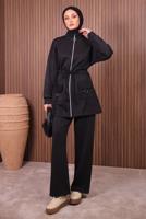 Tesettür giyim SİYAH BELİ BÜZGÜLÜ PANTOLONLU TAKIM T 0335