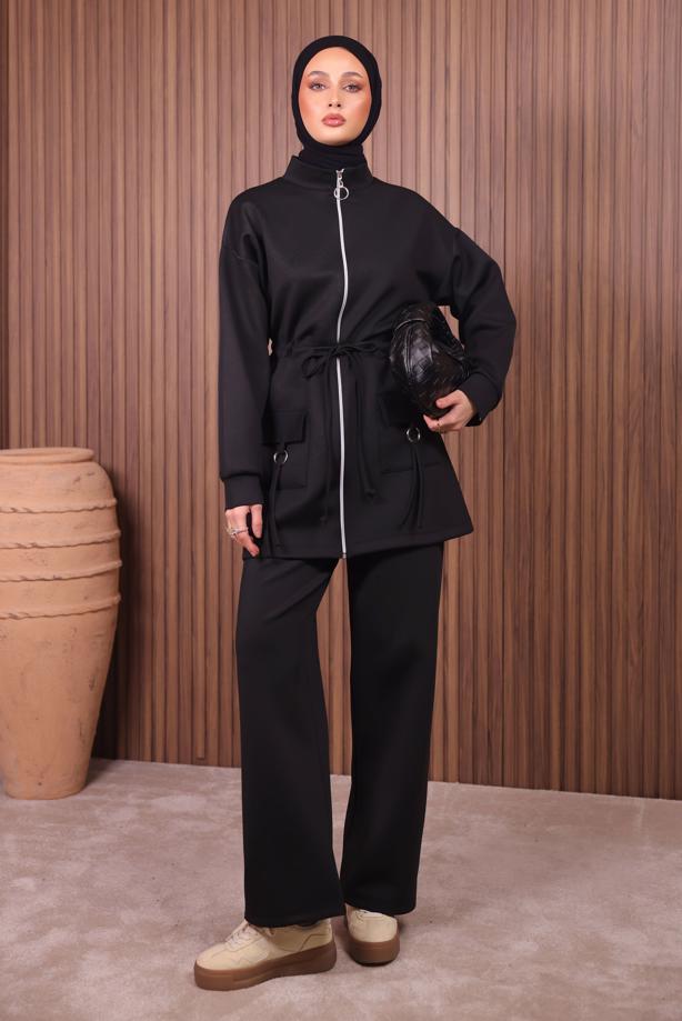 Tesettür giyim SİYAH BELİ BÜZGÜLÜ PANTOLONLU TAKIM T 0335 - TRENDTESETTÜR