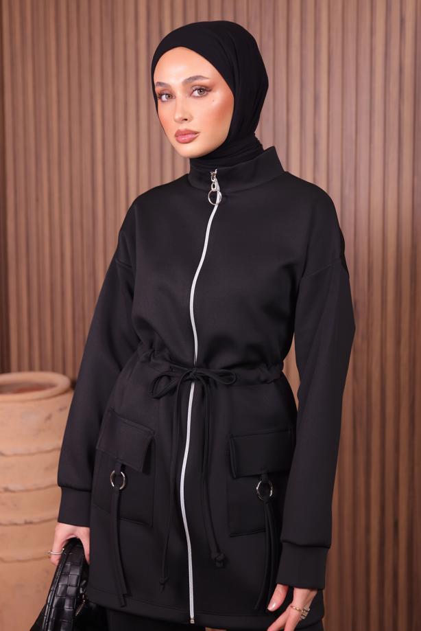 Tesettür giyim SİYAH BELİ BÜZGÜLÜ PANTOLONLU TAKIM T 0335 - TRENDTESETTÜR