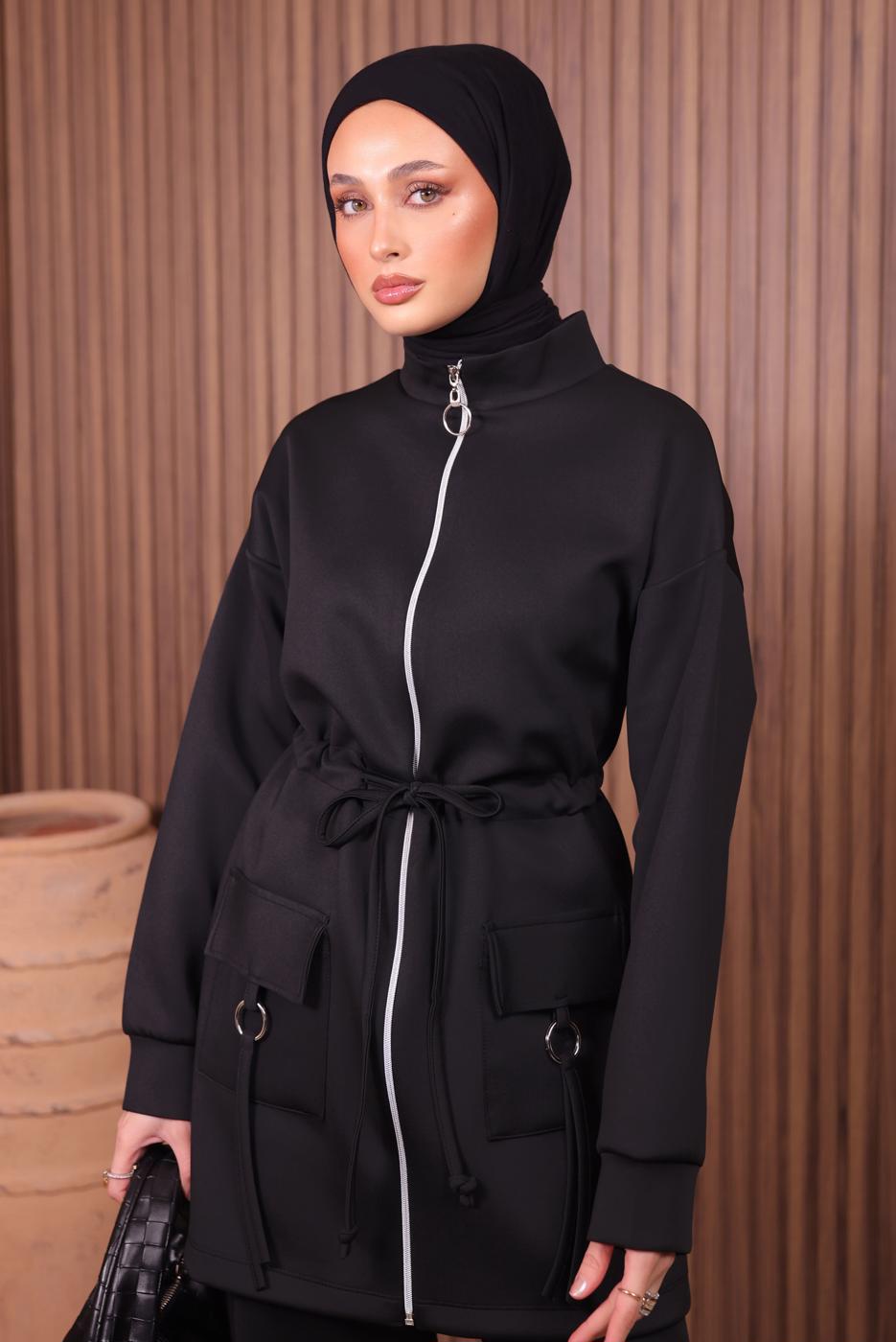 Tesettür giyim SİYAH BELİ BÜZGÜLÜ PANTOLONLU TAKIM T 0335