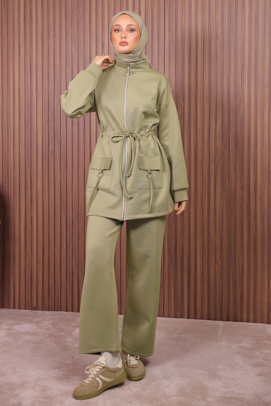 Tesettür giyim YEŞİL BELİ BÜZGÜLÜ PANTOLONLU TAKIM T 0335