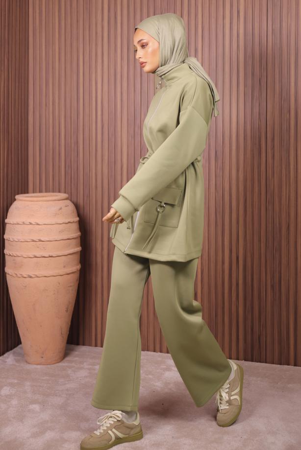 Tesettür giyim YEŞİL BELİ BÜZGÜLÜ PANTOLONLU TAKIM T 0335 - TRENDTESETTÜR