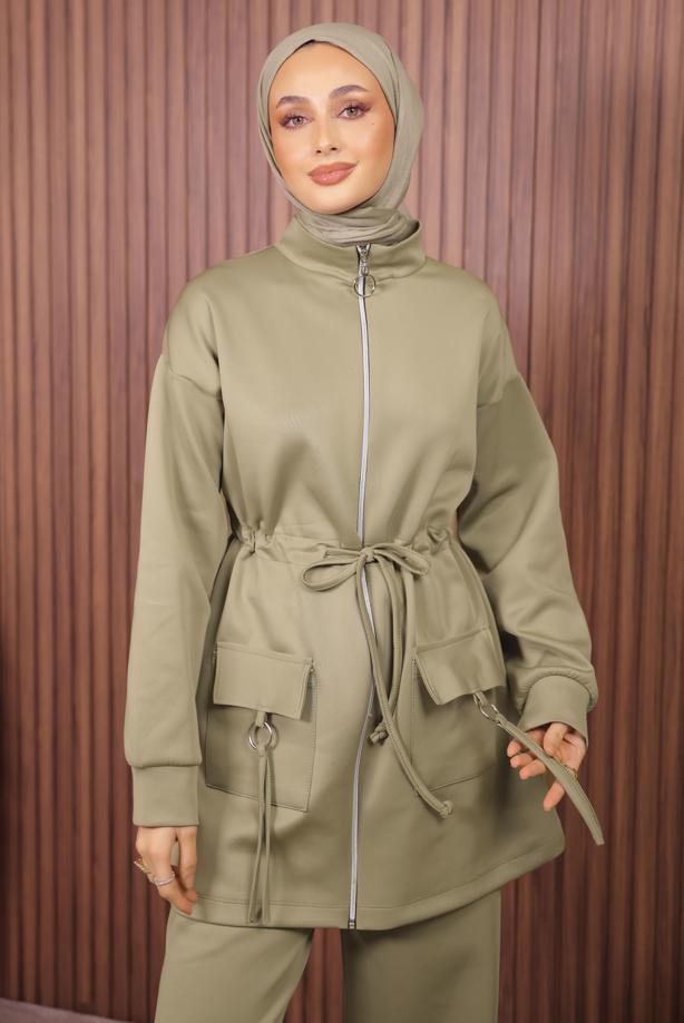 Tesettür giyim YEŞİL BELİ BÜZGÜLÜ PANTOLONLU TAKIM T 0335 - TRENDTESETTÜR