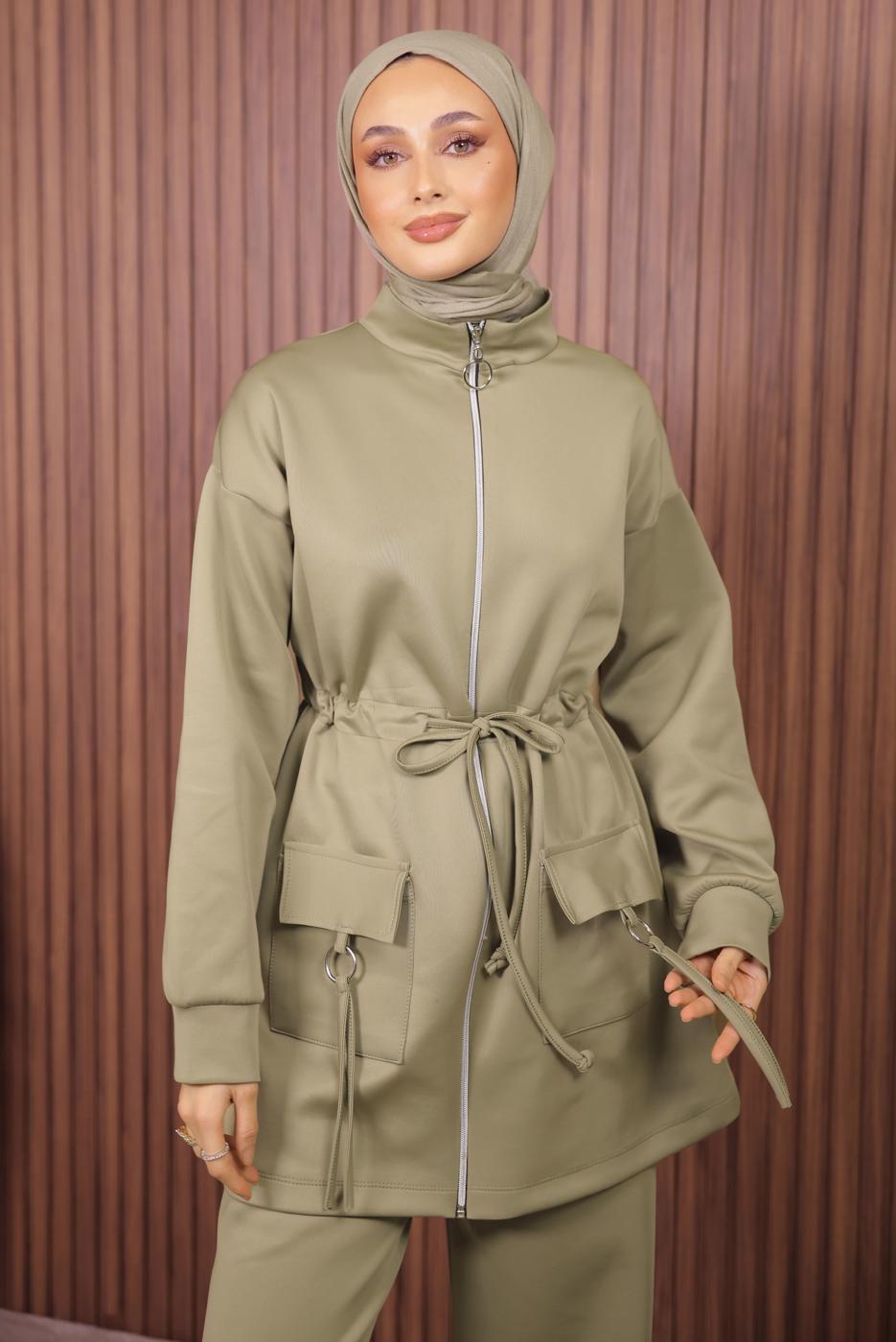 Tesettür giyim YEŞİL BELİ BÜZGÜLÜ PANTOLONLU TAKIM T 0335