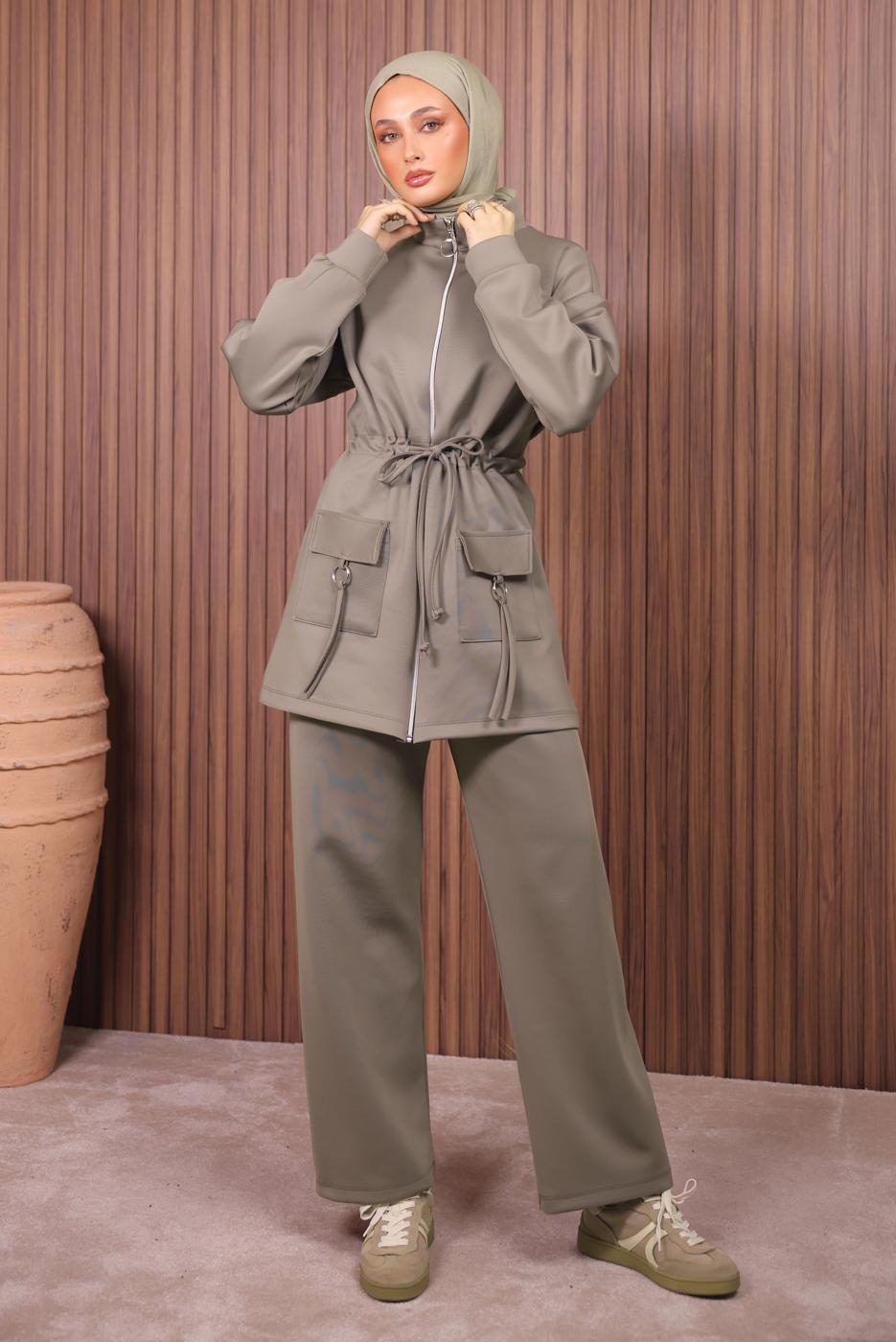 Tesettür giyim KAHVE BELİ BÜZGÜLÜ PANTOLONLU TAKIM T 0335