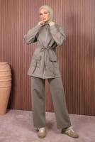 Tesettür giyim KAHVE BELİ BÜZGÜLÜ PANTOLONLU TAKIM T 0335