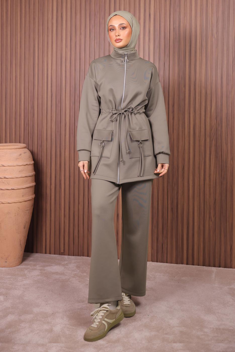 Tesettür giyim KAHVE BELİ BÜZGÜLÜ PANTOLONLU TAKIM T 0335