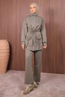 Tesettür giyim KAHVE BELİ BÜZGÜLÜ PANTOLONLU TAKIM T 0335