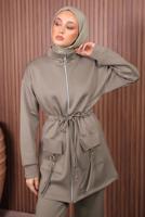 Tesettür giyim KAHVE BELİ BÜZGÜLÜ PANTOLONLU TAKIM T 0335