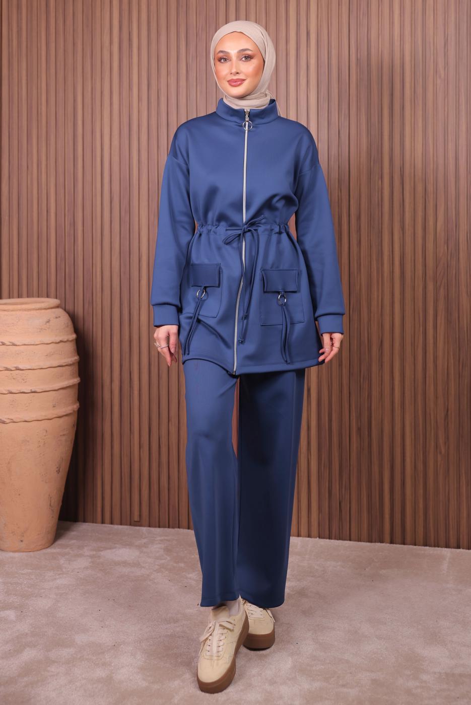 Tesettür giyim LACİVERT BELİ BÜZGÜLÜ PANTOLONLU TAKIM T 0335