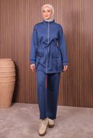 Tesettür giyim LACİVERT BELİ BÜZGÜLÜ PANTOLONLU TAKIM T 0335