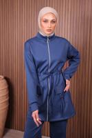 Tesettür giyim LACİVERT BELİ BÜZGÜLÜ PANTOLONLU TAKIM T 0335