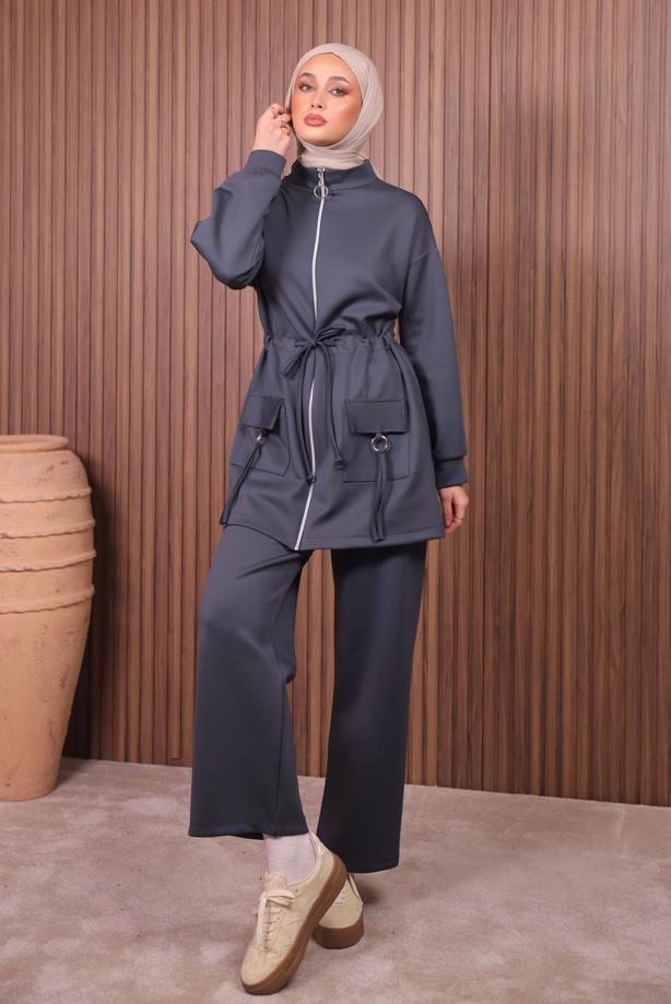 Tesettür giyim GRİ BELİ BÜZGÜLÜ PANTOLONLU TAKIM T 0335 - TRENDTESETTÜR