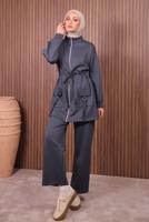 Tesettür giyim GRİ BELİ BÜZGÜLÜ PANTOLONLU TAKIM T 0335