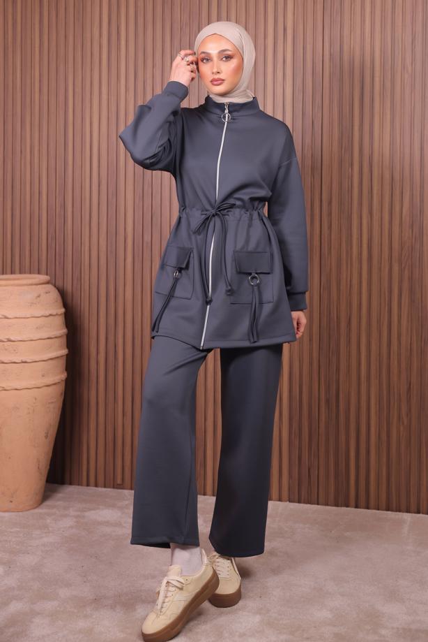 Tesettür giyim GRİ BELİ BÜZGÜLÜ PANTOLONLU TAKIM T 0335 - TRENDTESETTÜR