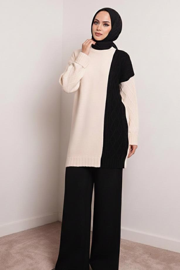 Tesettür giyim SİYAH TRİKO PANTOLONLU TAKIM T 0407 - TRENDTESETTÜR