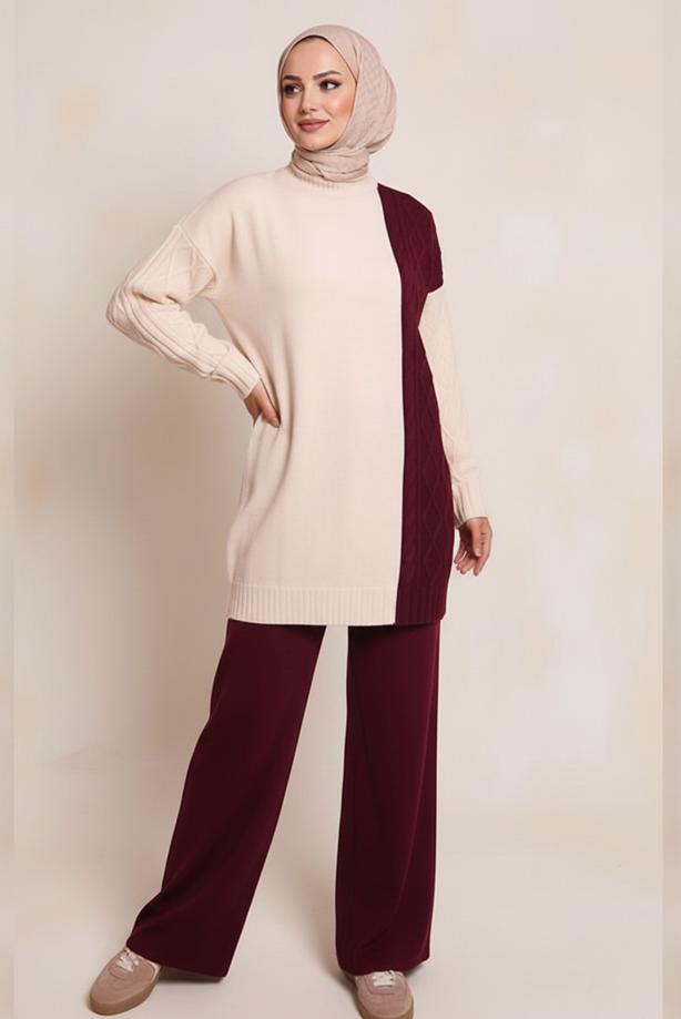 Tesettür giyim BORDO TRİKO PANTOLONLU TAKIM T 0407 - TRENDTESETTÜR