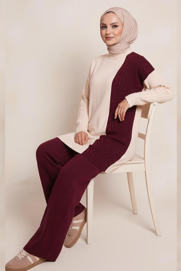 Tesettür giyim BORDO TRİKO PANTOLONLU TAKIM T 0407 - TRENDTESETTÜR