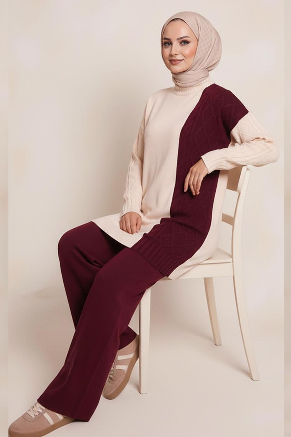 Tesettür giyim BORDO PANTOLONLU TRİKO TAKIM T 0407
