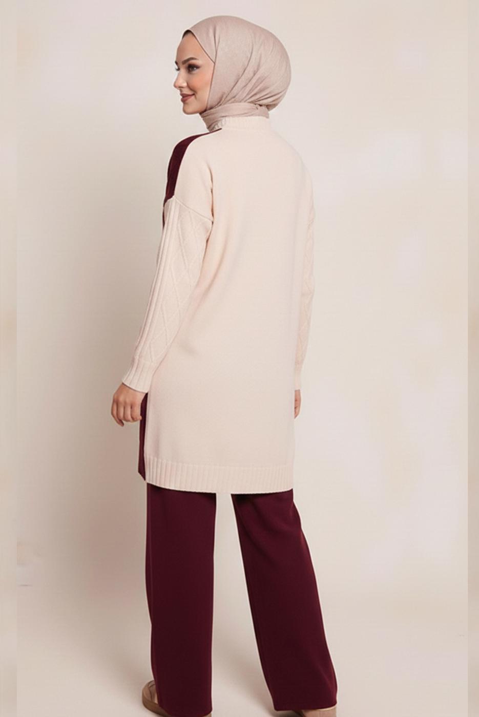 Tesettür giyim BORDO PANTOLONLU TRİKO TAKIM T 0407