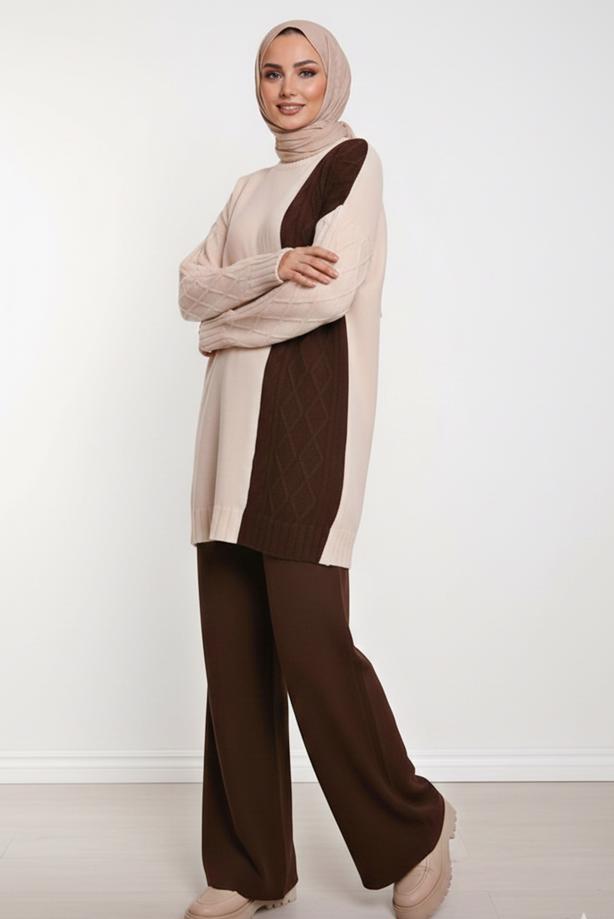 Tesettür giyim KAHVE TRİKO PANTOLONLU TAKIM T 0407 - TRENDTESETTÜR
