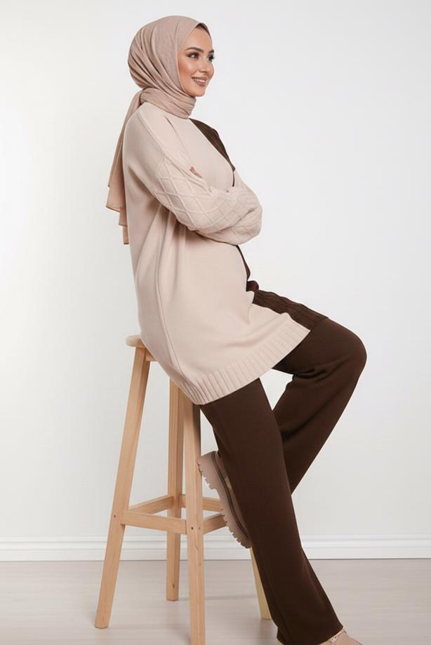 Tesettür giyim KAHVE TRİKO PANTOLONLU TAKIM T 0407 - TRENDTESETTÜR