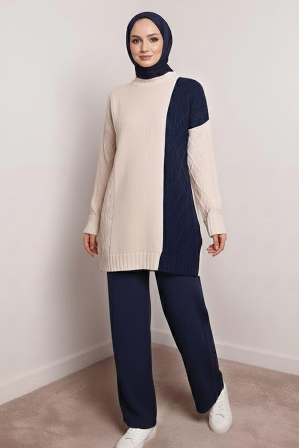 Tesettür giyim LACİVERT TRİKO PANTOLONLU TAKIM T 0407 - TRENDTESETTÜR