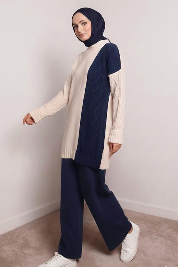 Tesettür giyim LACİVERT TRİKO PANTOLONLU TAKIM T 0407 - TRENDTESETTÜR