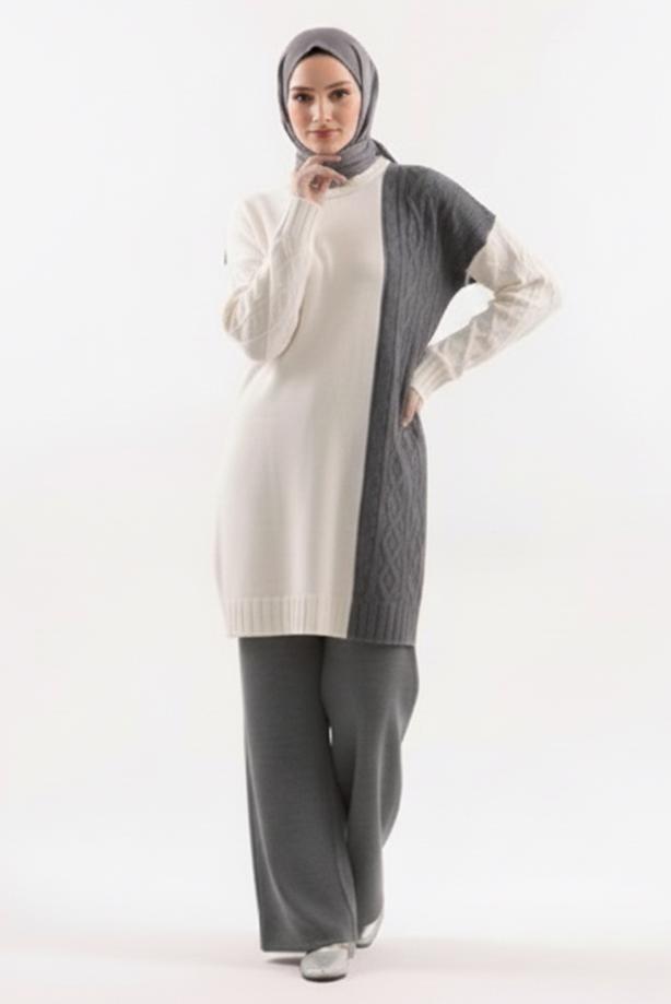 Tesettür giyim GRİ TRİKO PANTOLONLU TAKIM T 0407 - TRENDTESETTÜR